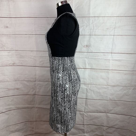 DKNY Dress Bodycon Slim 2 XS Black White zipper Stretch zigzag animal Colorblock - Picture 6 of 16
